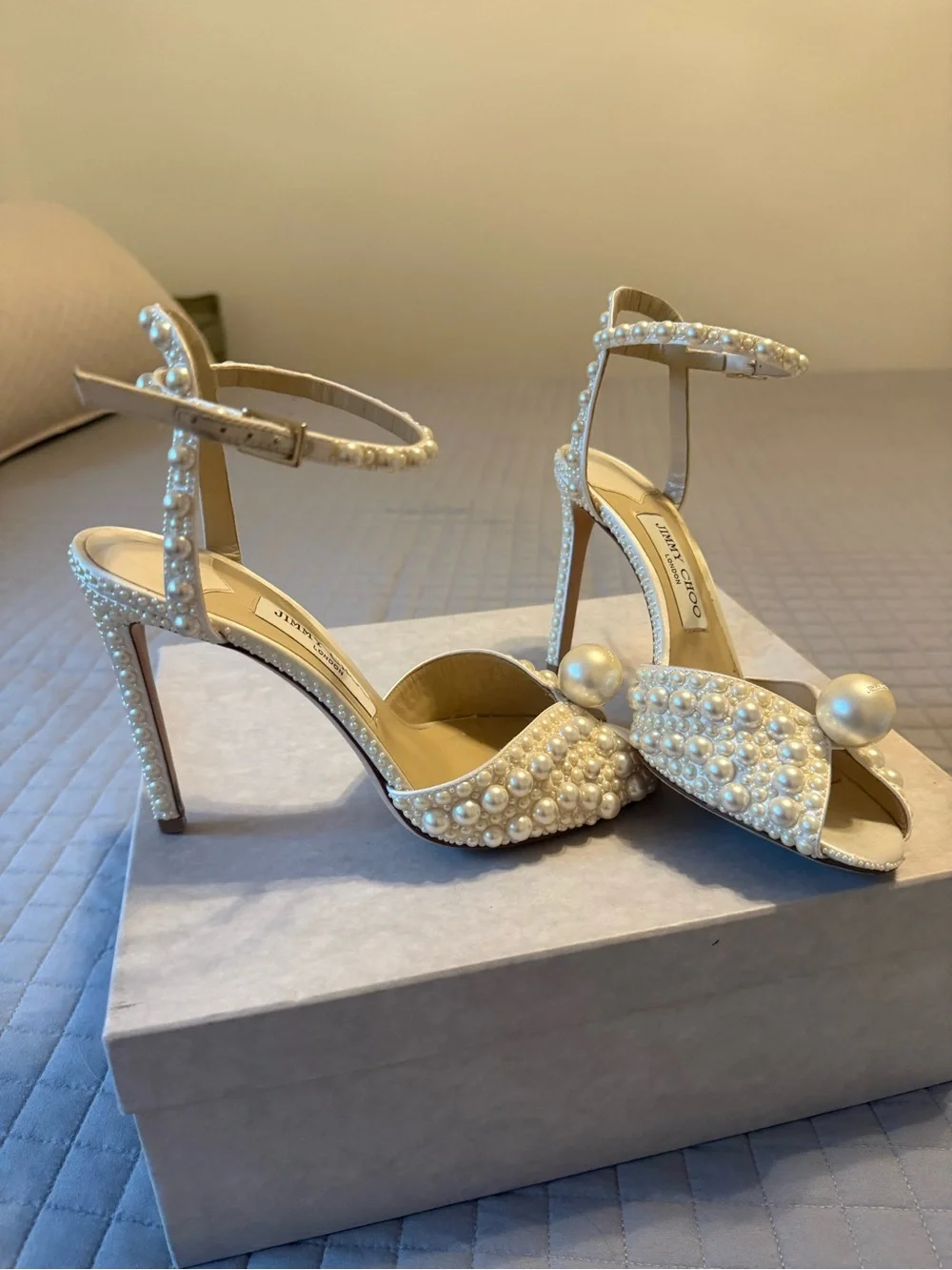 Jimmy Choo Ivory Pearl-Embellished Ankle-Strap Heels